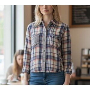 Free People Plaid Button Front Shirt‎ Medium Blue Red Long Sleeve Western Top